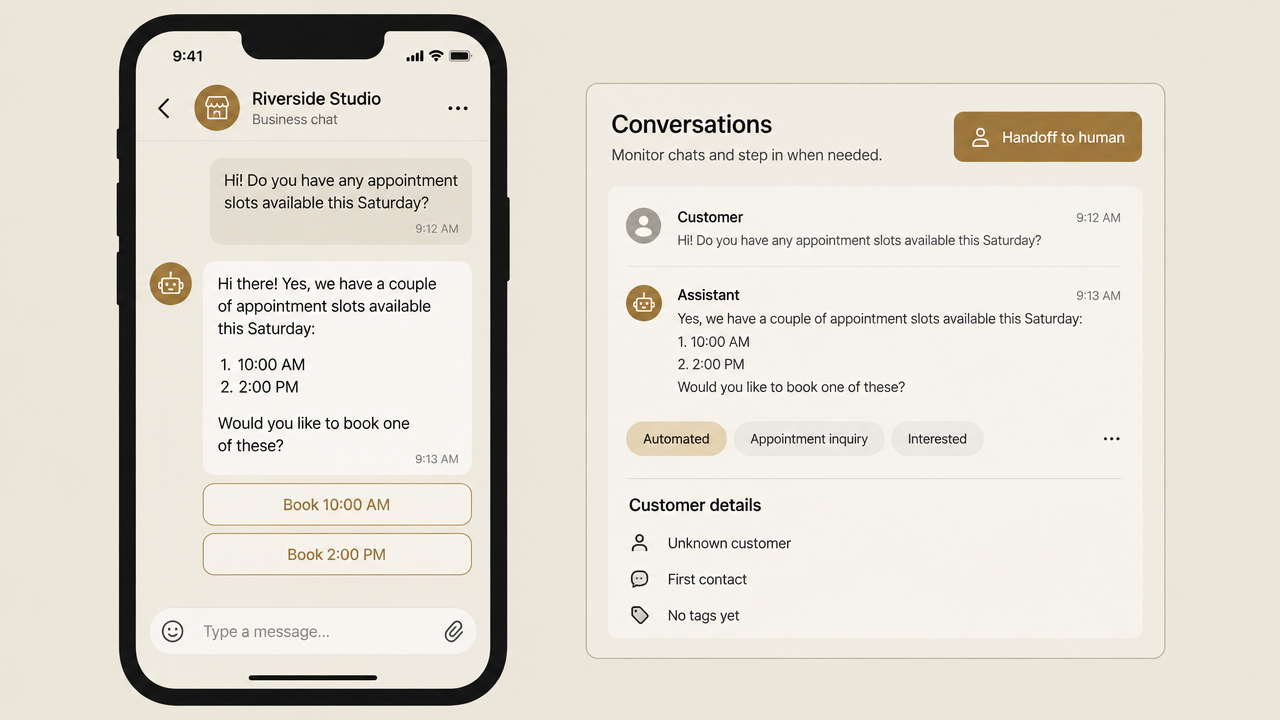 WhatsApp business chat where an assistant offers two Saturday appointment slots, next to an agent dashboard with a handoff to human button
